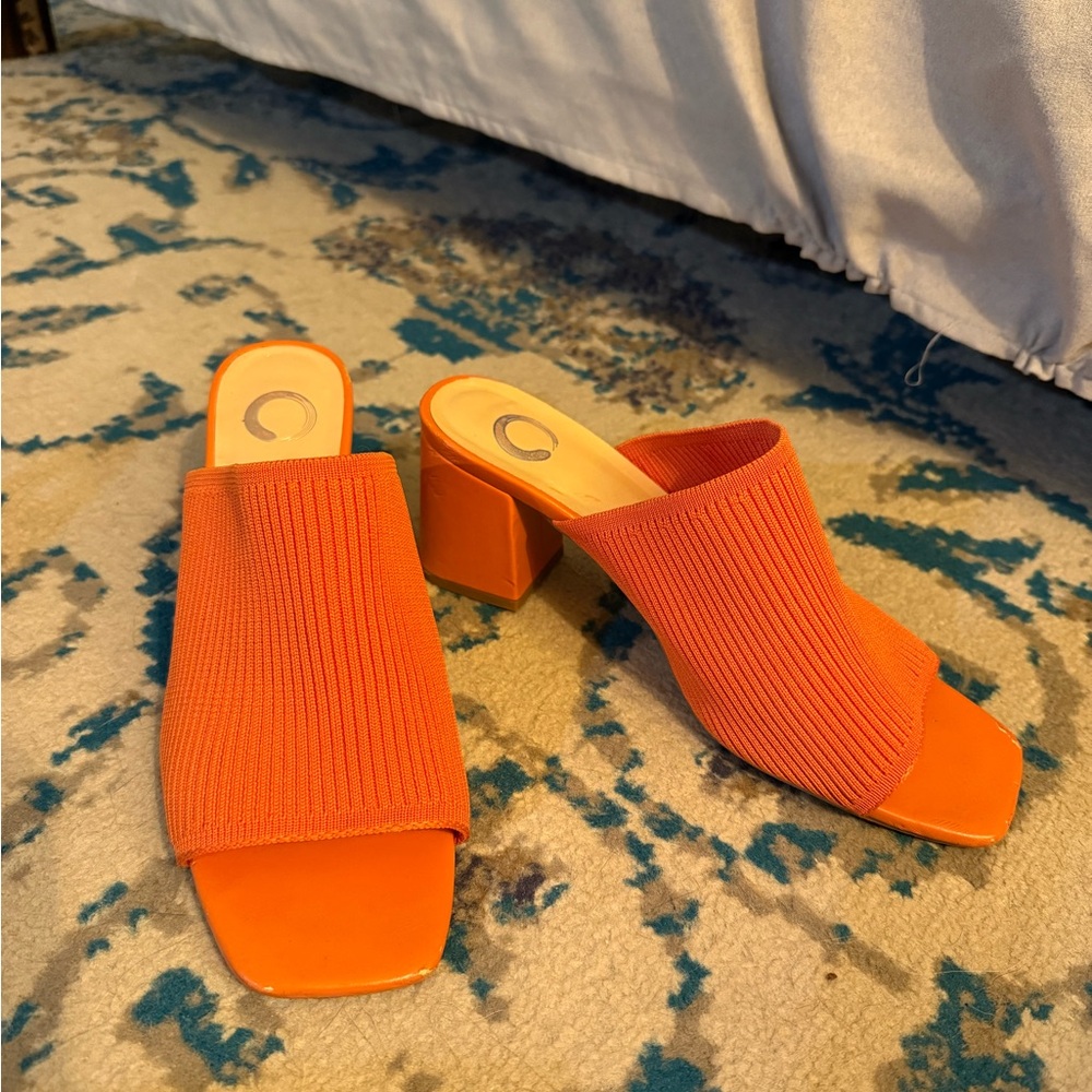 Orange Block Heel Slip-On Mules